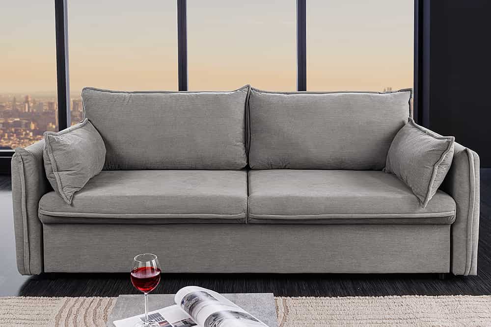 Design Schlafsofa APARTMENT 215cm grau Cord 3-Sitzer Couch inkl. Bettkasten Kissen