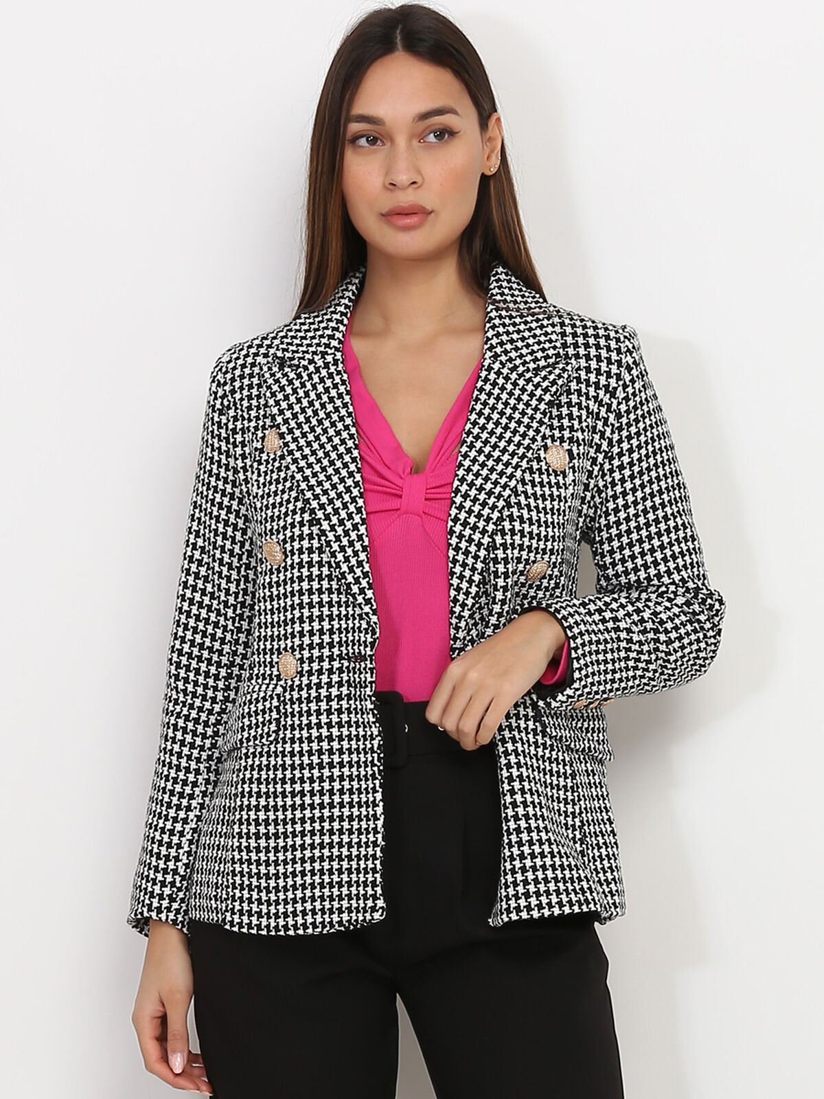 Blazer croisé en tweed avec boutons- Noir et Blanc
