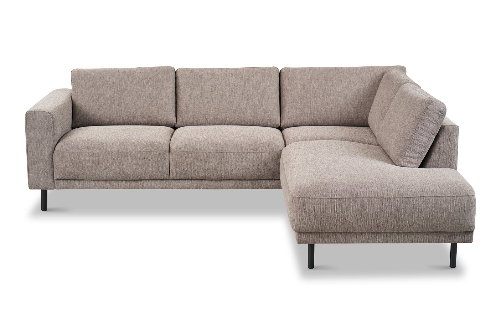 Portland hjørnesofa 2-seter med åpen ende høyre. Tekstil Brego 34 Stone med sorte ben