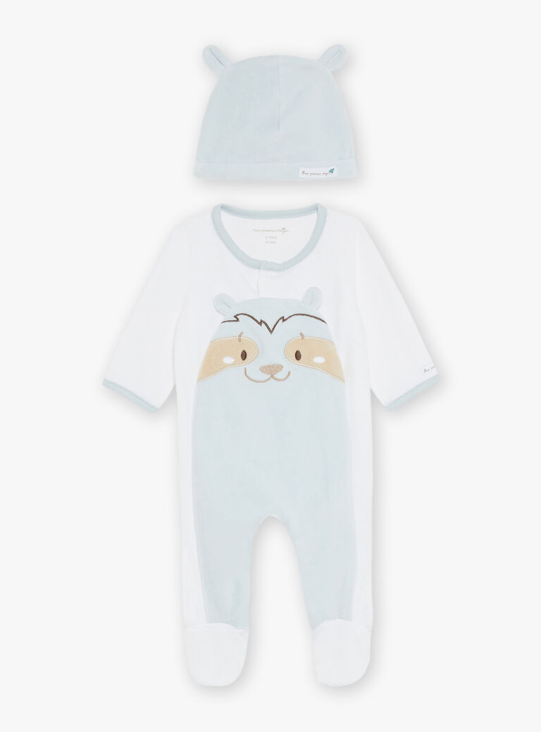 Ensemble pyjama avec bonnet en velours écru et bleu ciel