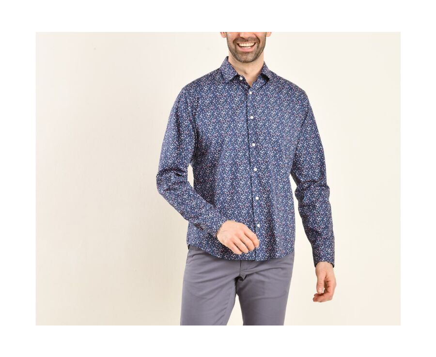 Chemise coton bleue imprimée fleurs corail - WILROSE