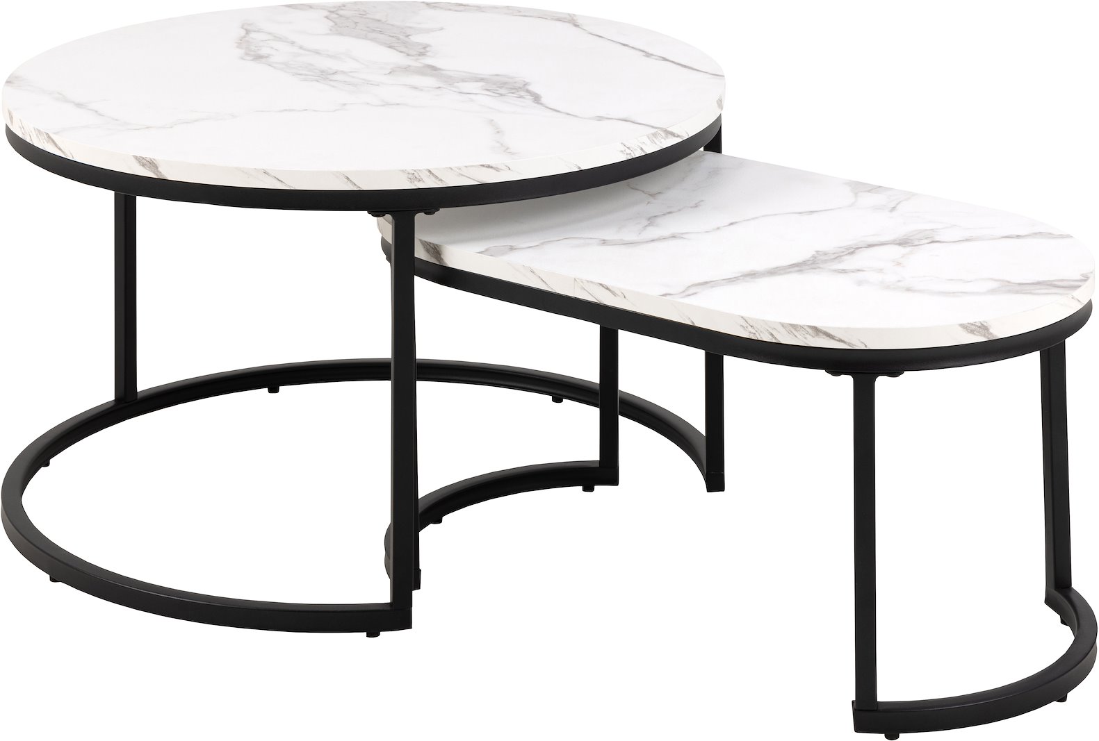Spiro sofabordsett Topp i hvit marmor print med sort metallunderstell. Sett av 2.