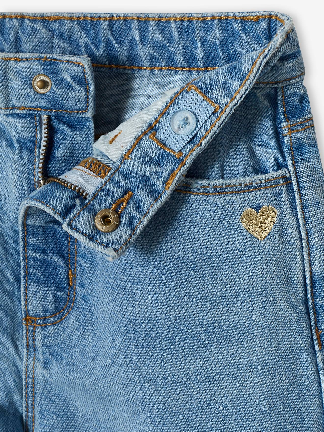 Calça jeans de perna larga com barra desfiada para meninas, jeans azul