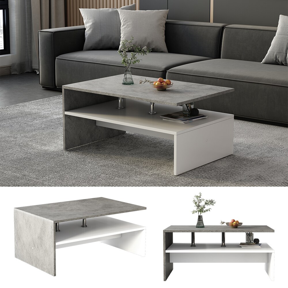 Oskar-Store Couchtisch Mike 90 x 42 cm, Beton Weiß, moderner Tisch mit Ablagen