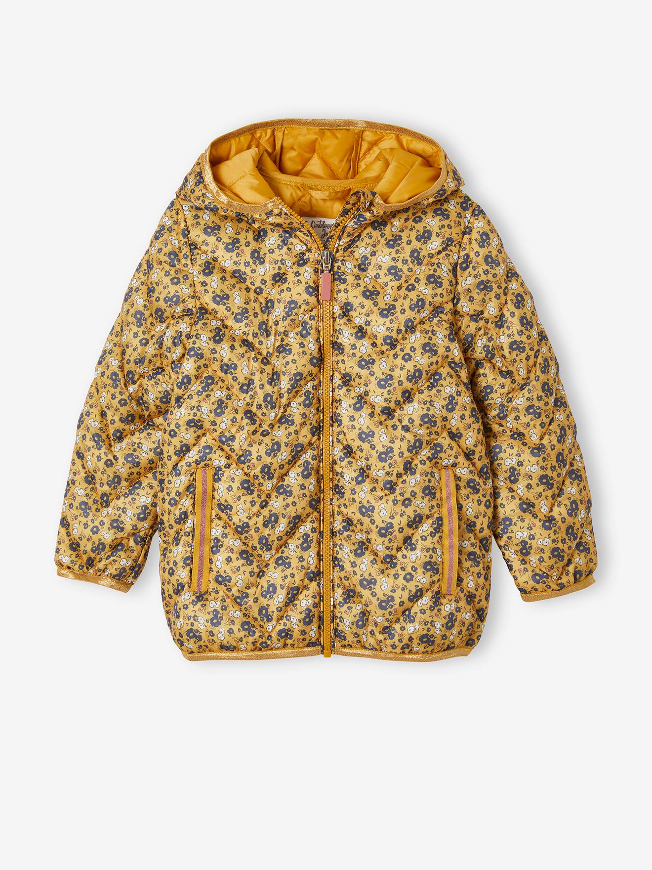 Jaqueta acolchoada leve com capuz e detalhes iridescentes, para meninas, estampa amarela tamanho médio.
