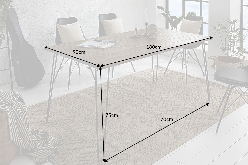 Massivholz Esstisch SCORPION 180cm braun Akazie schwarze Metallbeine Hairpin Legs Retro