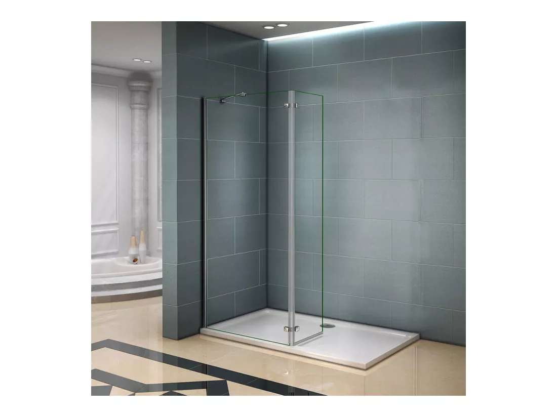Paroi de douche fixe à l'italienne avec retour pivotant 90+40x200cm, charnières, avec barre de fixation d'angle 45cm
