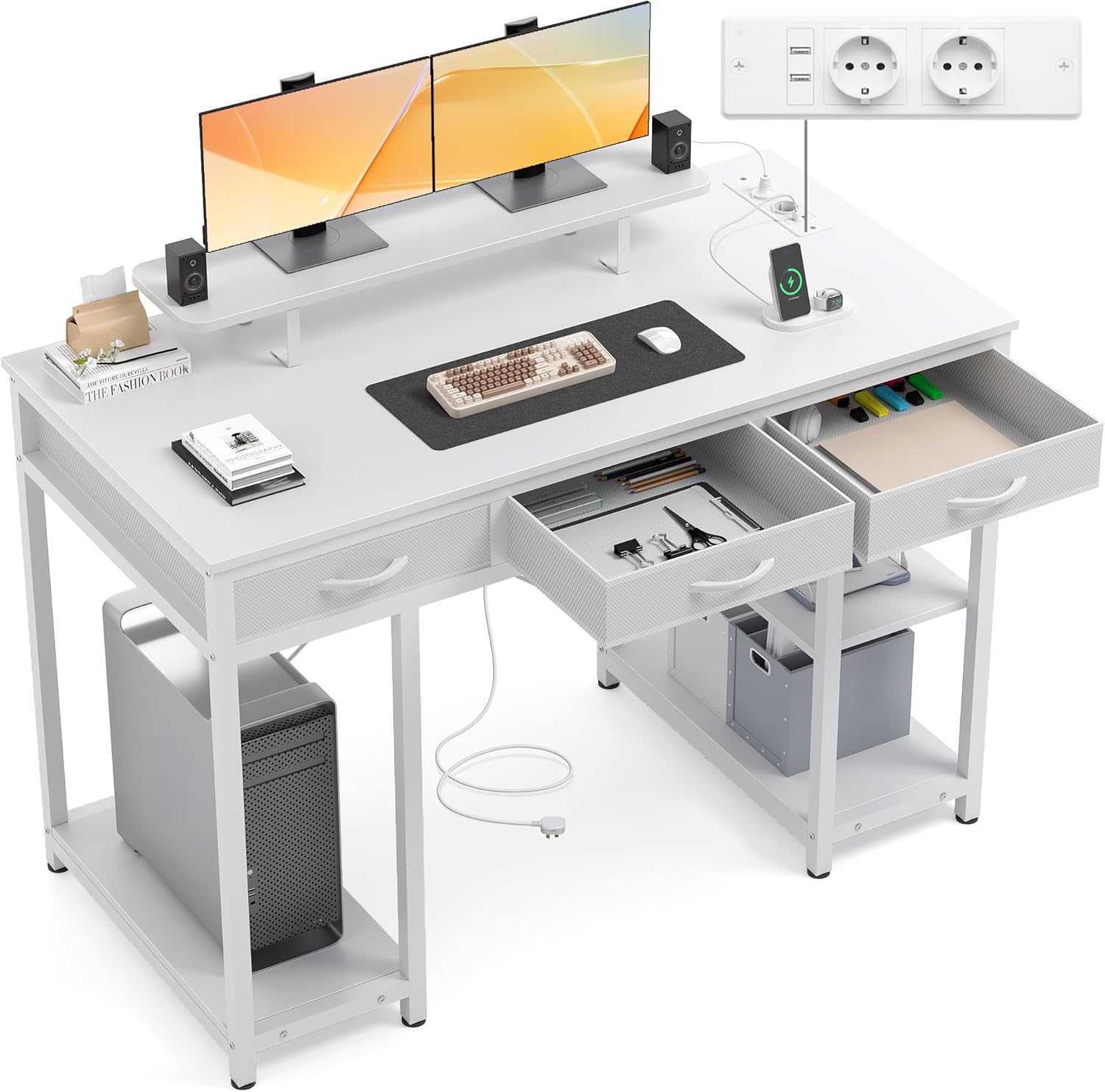 Claiks Computertisch mit 3 Schubladen, 120 x 60 cm Schreibtisch mit Regal, Tisch mit 2 Steckdosen und 2 USB-Ladeanschlüsse, Bürotisch PC-Tisch für Home Office, Wohnzimmer, Weiß