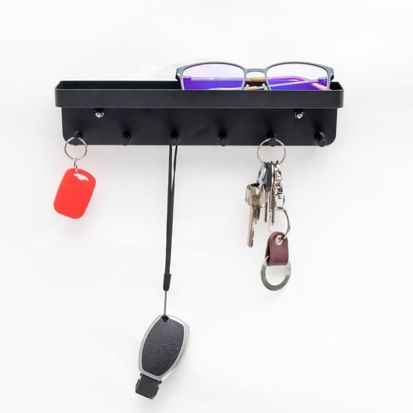 Tastatur med hylle i svart - Selvklebende - Krokskinne til veggen med 6 kroker og oppbevaringsplass