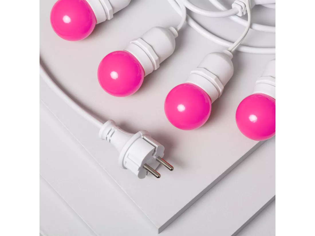Kit Guirlande Waterproof 5.5m Blanche + 8 Ampoules LED E27 G45 3W de Couleurs Rose