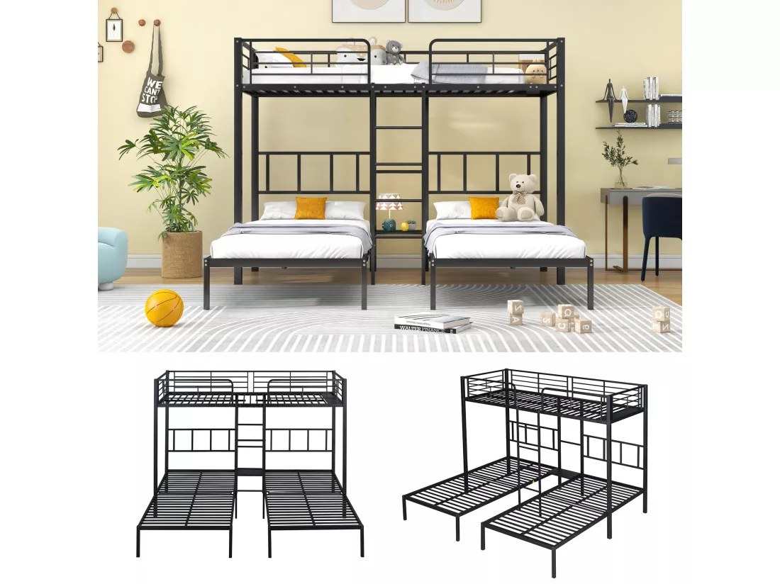Lit superposé triple 3x90x200cm avec échelle et un plateau - cadre en métal - Noir