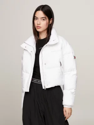 Jaqueta puffer cropped com logo
