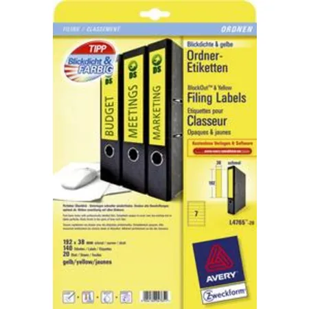 Avery Zweckform L4765-20 Ordnerrücken Etiketten, mit ultragrip, 38 x 192 mm,schmal/kurz, 20 Bogen/140 Etiketten, gelb