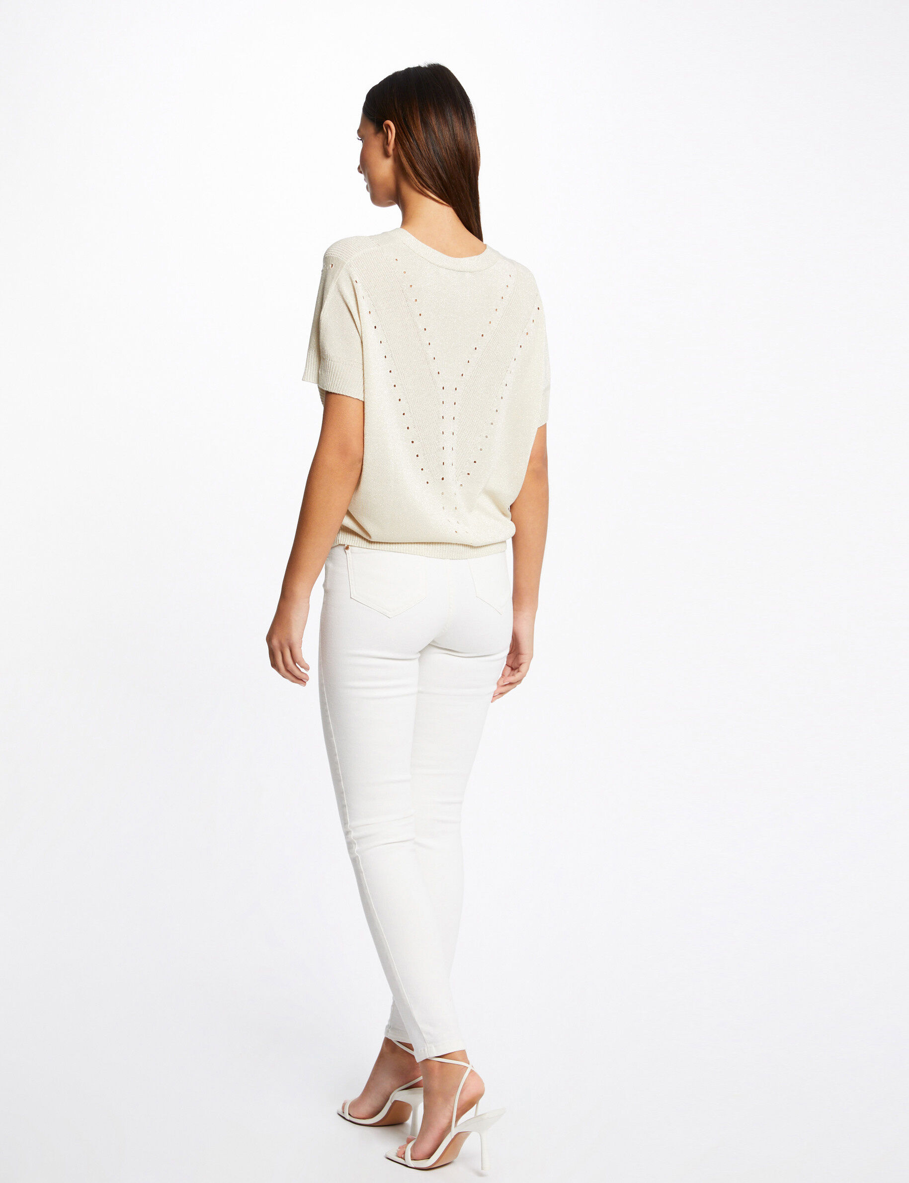 Pull manches courtes à col en V beige femme - beige