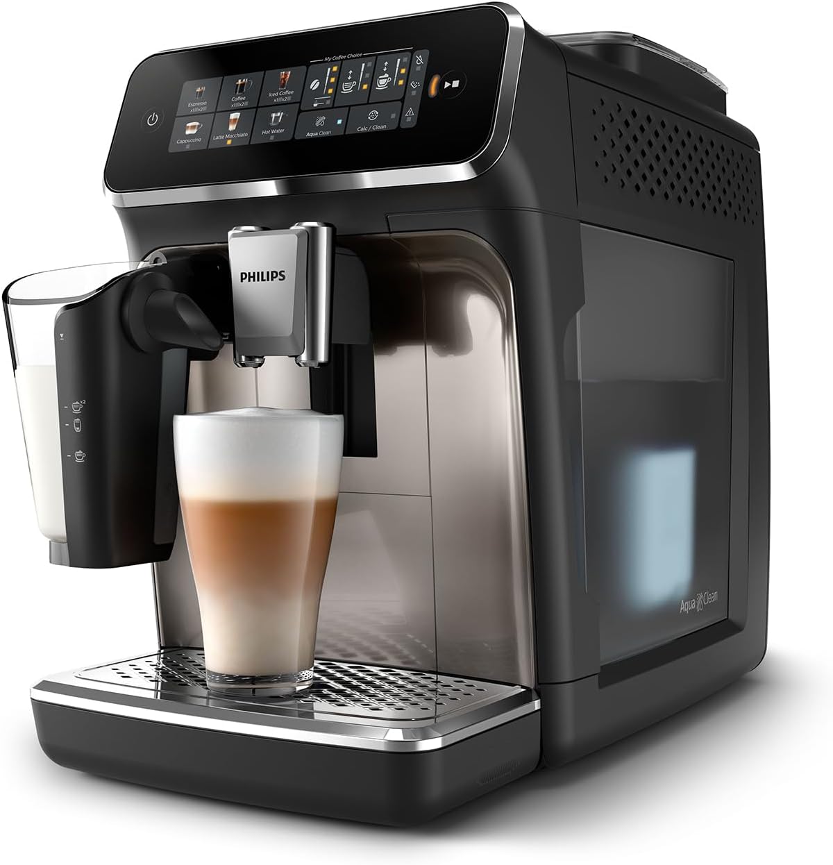 Philips Machine à Expresso Entièrement Automatique Séries 3300-6 Boissons,Écran tactile couleur moderne,Système à lait LatteGo,SilentBrew,Broyeur 100%Céramique,Filtre AquaClean.Noir Chrome (EP3347/90)