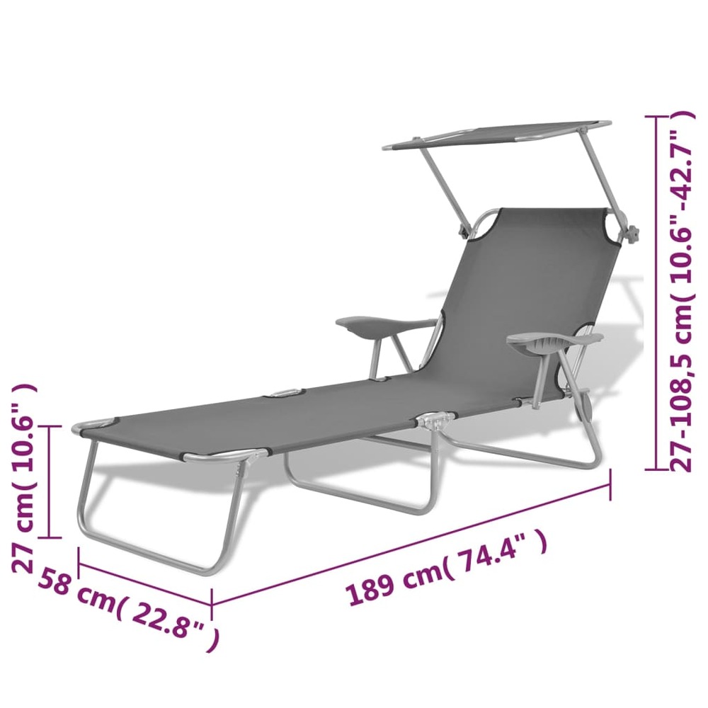 Transat chaise longue bain de soleil lit de jardin terrasse meuble d'extérieur avec auvent acier gris