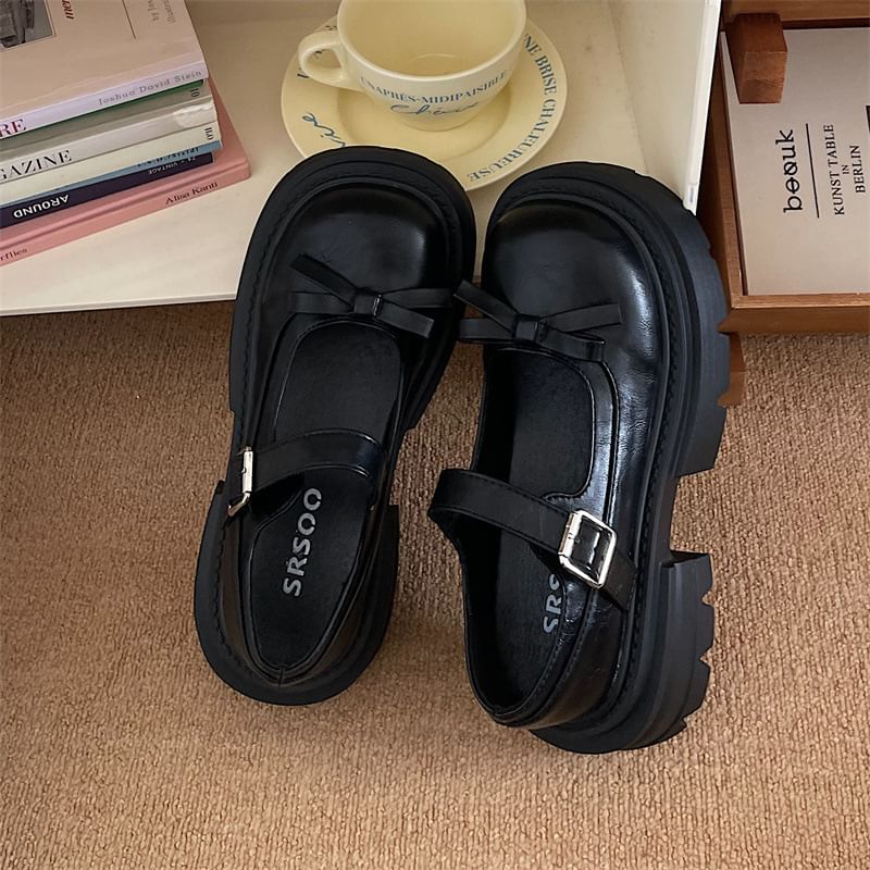 telijimi - Platform Mary Jane-schoenen met strikaccent en imitatieleer