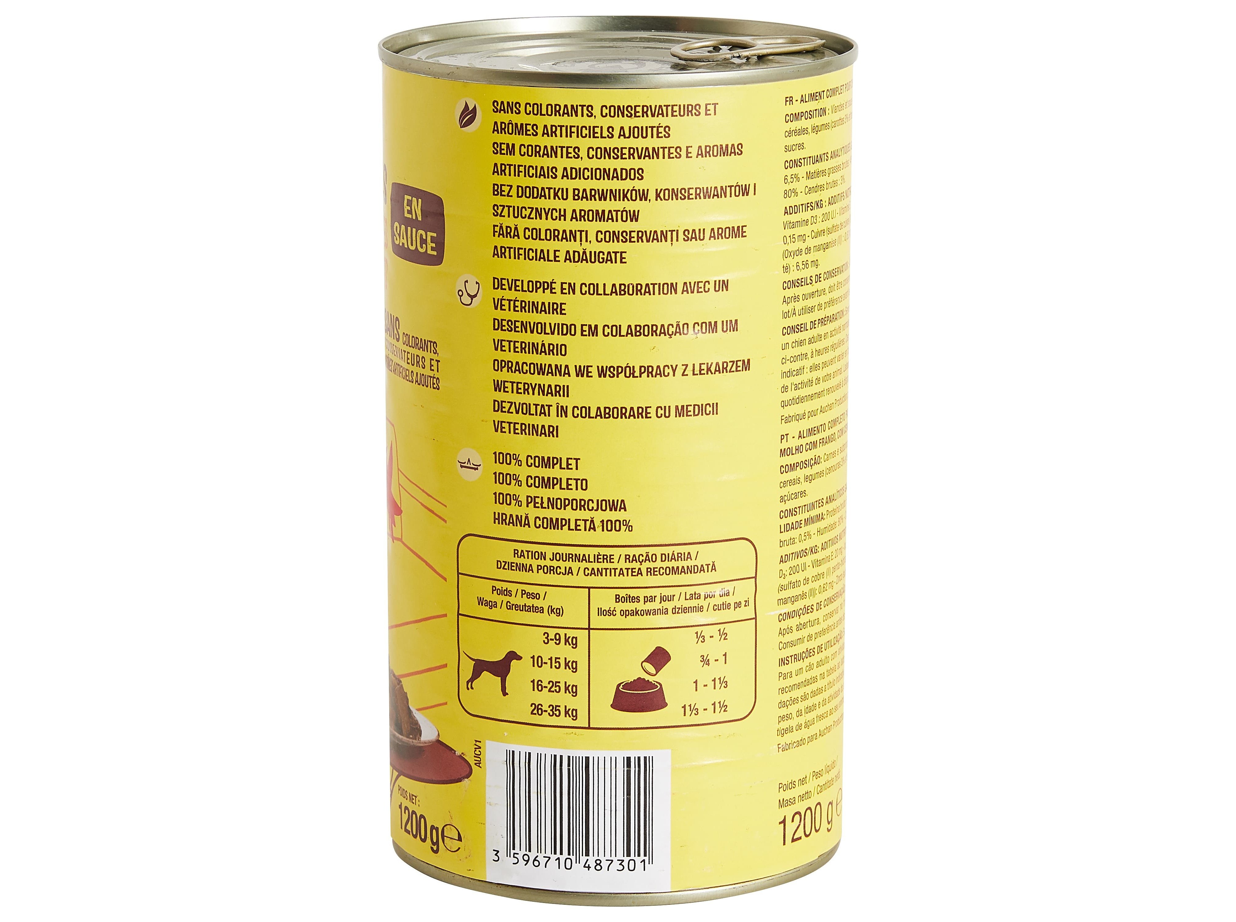 COMIDA HÚMIDA PARA CÃO AUCHAN PEDAÇOS EM MOLHO COM FRANGO COM CENOURA E COM FEIJÃO-VERDE 1200G