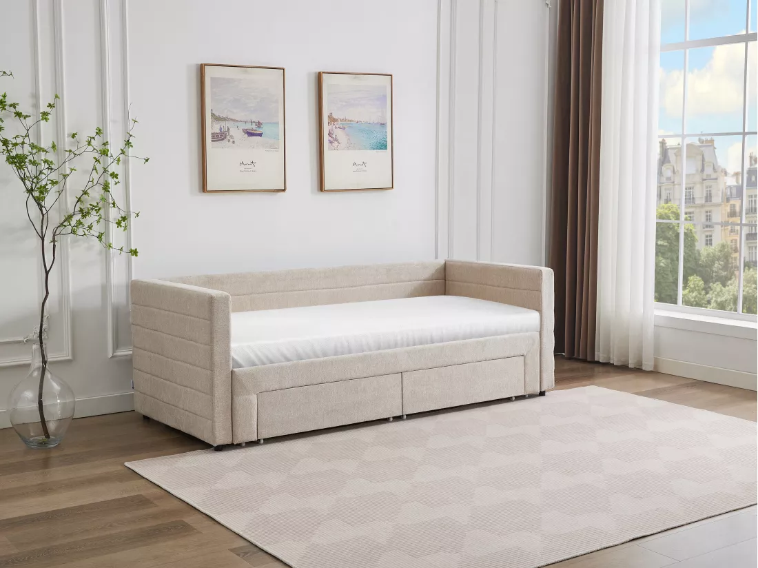 Lit gigogne 2 x 80 x 200 cm - Avec sommier peigne et tiroirs - Tissu texturé - Beige + Matelas - CAMITY