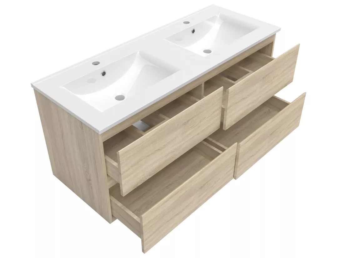 Ensemble meubles Salle de Bain 120cm double vasque + colonne + miroir lumineux Chêne Wotan
