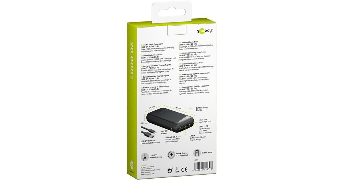 goobayQuick Charge Powerbank 20.000 mAh - 74 Wh  (Zwart, USB-C PD, QC 3.0)