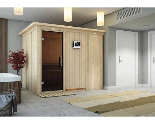 Karibu Gobina modulaire sauna zonder oven en dakrand, met grafietkleurige volledig glazen deur