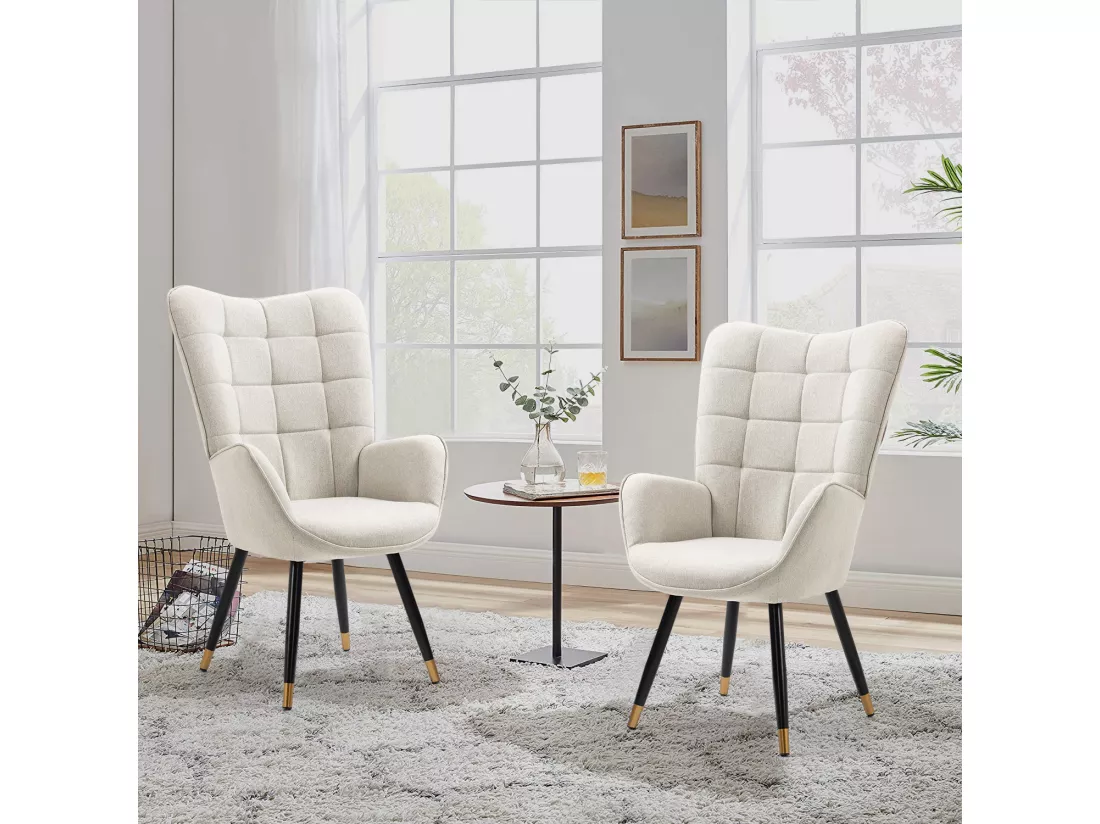 MEUBLES COSY Fauteuil Scandinave Confortable Chaise de Coiffeuse Canapé de Loisirs pour Salon Chambre Salle à Manger Bureau avec Assise Épais Accoudoirs Rembourés en Tissu Pieds Métal, Beige