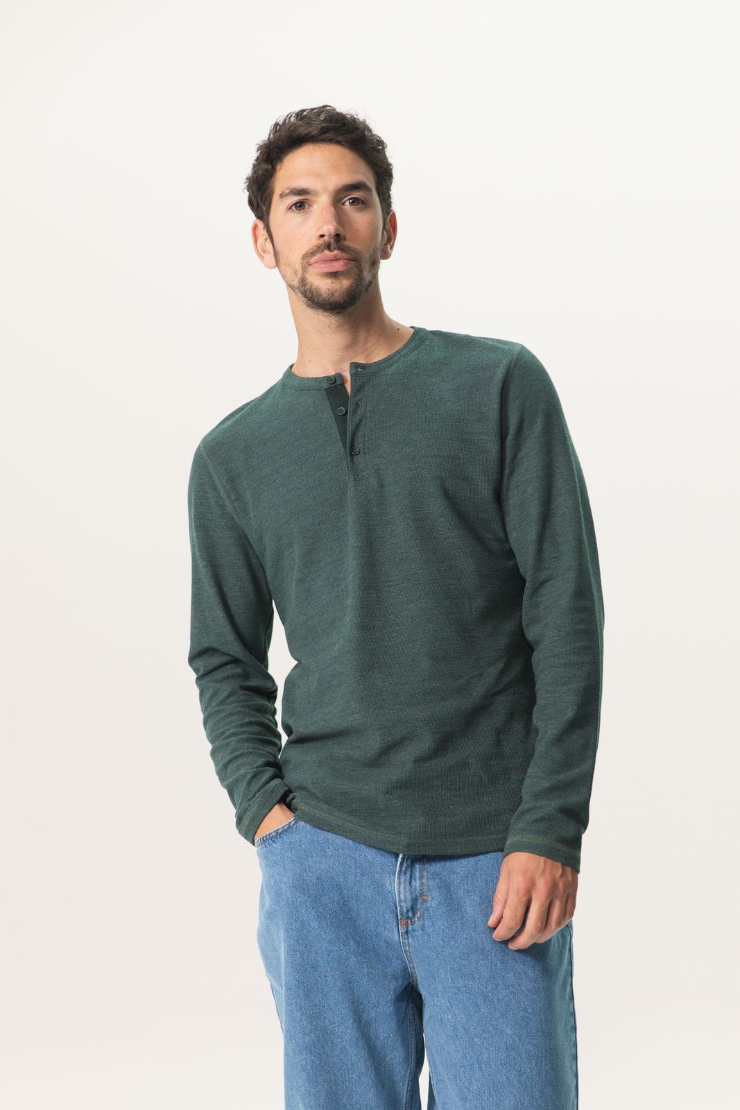 Donkergroen katoenen henley T-shirt