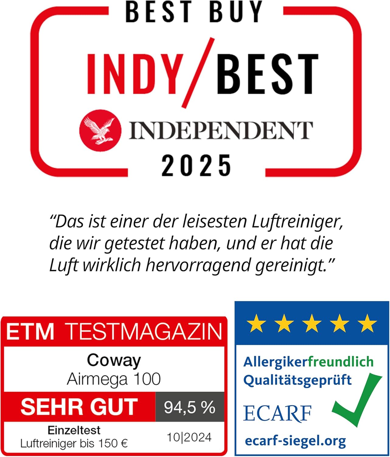 COWAY Luftreiniger Allergiker – Superleise, mit Schlafmodus & Stimmungslicht, entfernt 99,999% Partikel bis 0,01µm, mit ECARF-Siegel, gegen Pollen, Staub & Tierhaare, CADR 244m³/h, AIRMEGA 100