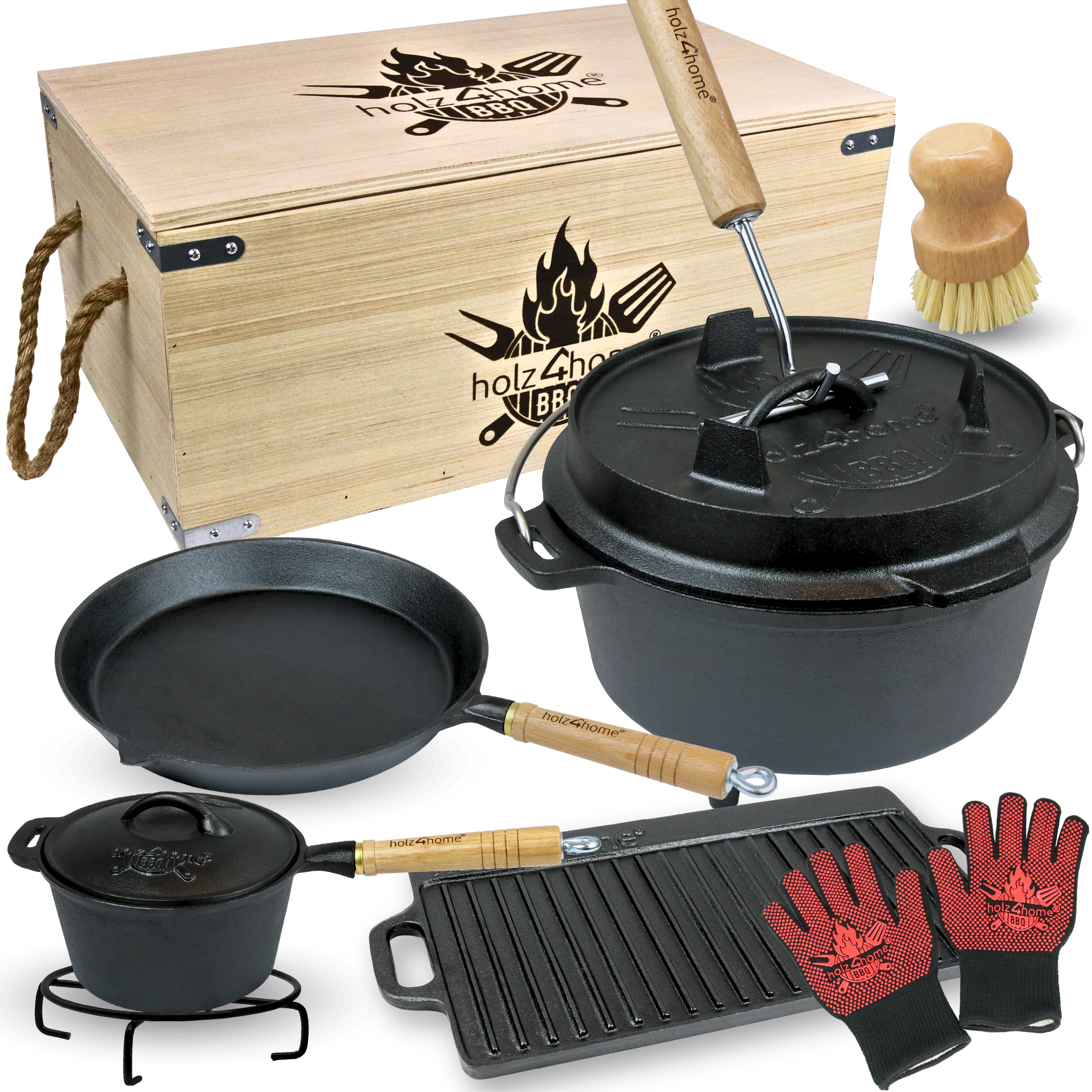 holz4home® Dutch Oven Set 9-teilig in Holzkiste I 4,7L Feuertopf Viel Zubehör: kleiner Topf, Grillplatte, Pfanne, Handschuhe uvm.