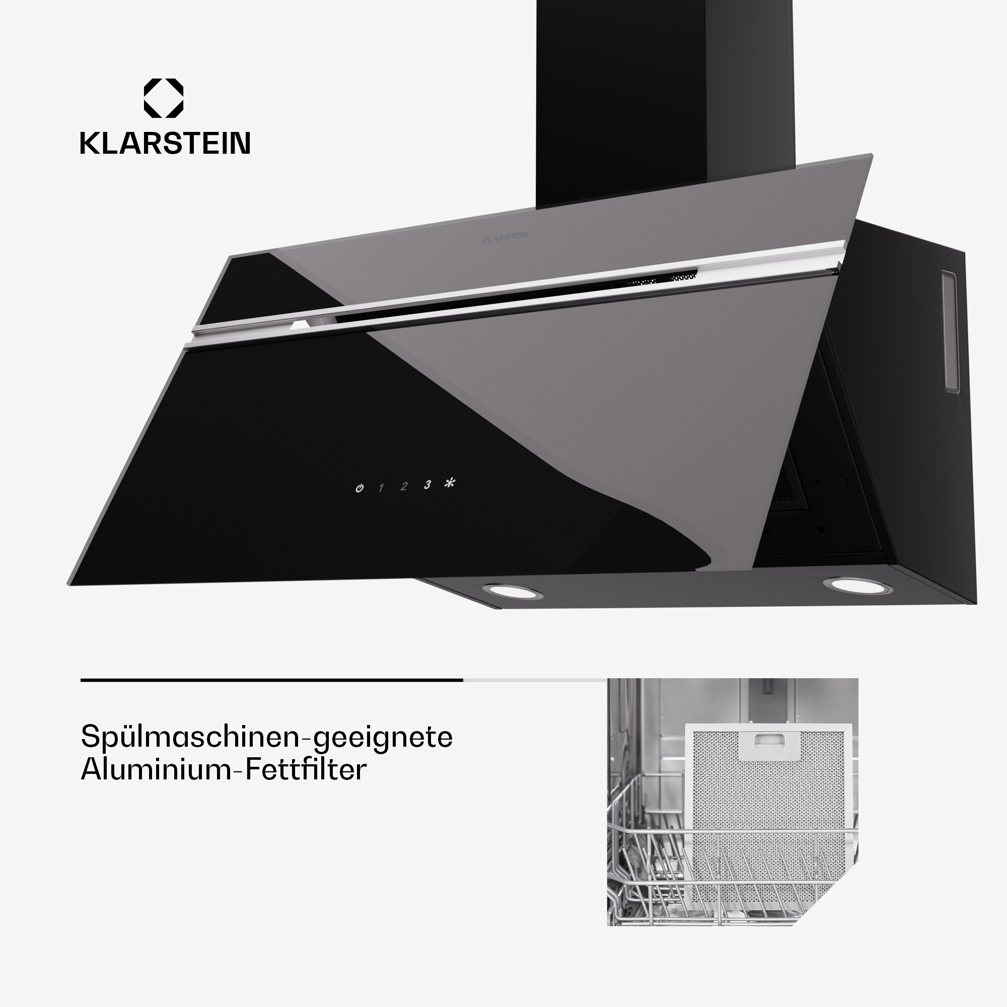 Alina Dunstabzugshaube 80 cm 600 m³/h LED-Display Ambientelicht Glasfront Schwarz