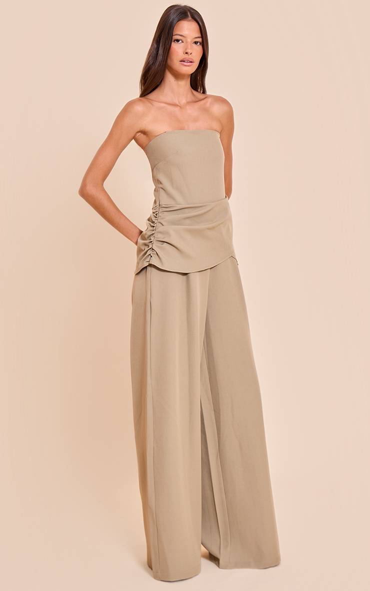 Pale Khaki Combinaison Pantalon Large Drapée À Bandeau En Tissu Tissé Kaki Clair