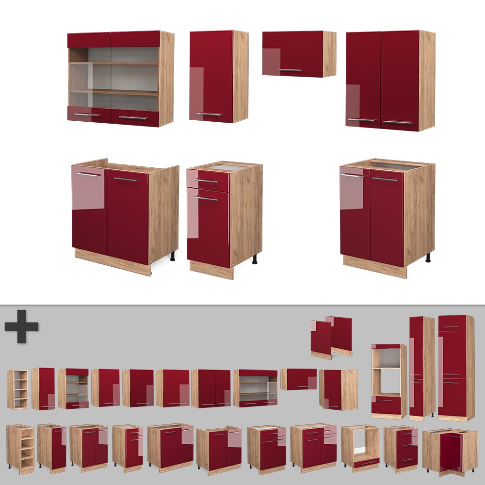 Vicco Küchenzeile Küchenblock Einbauküche Fame-Line Eiche Rot Bordeaux 240 cm modern Küchen Schränke Spülenunterschrank Schubunterschrank Hängeschrank Hängeglasschrank Hochglanz