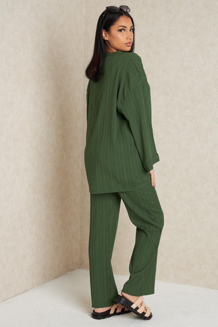 Ensemble 2 pièces pull fin + pantalon à rayures kaki