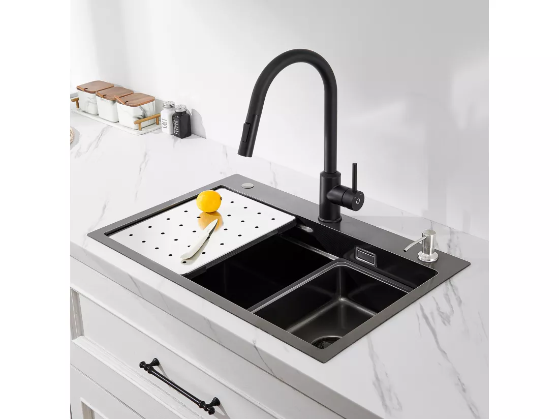 Cecipa max Évier de Cuisine 1 Cuve 70×45×21.5 cm + Egouttoir + Vasque + Distributeur de Savon, Noir Évier 1 Bac Évier Inox Grande Capacité,EU Modèle