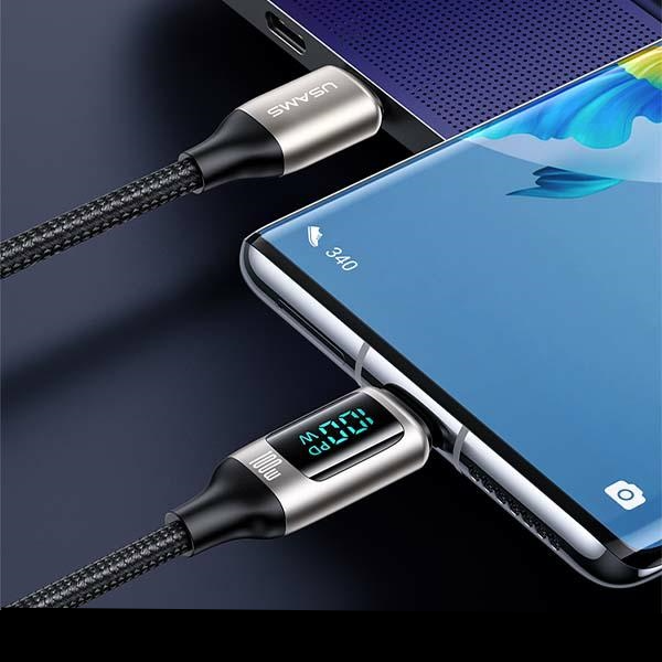 (1.2m) 100W USB C auf USB C Nylon Ladekabel Fast Charging PD Datenkabel mit Spannungs Anzeige (USA001036) - Schwarz