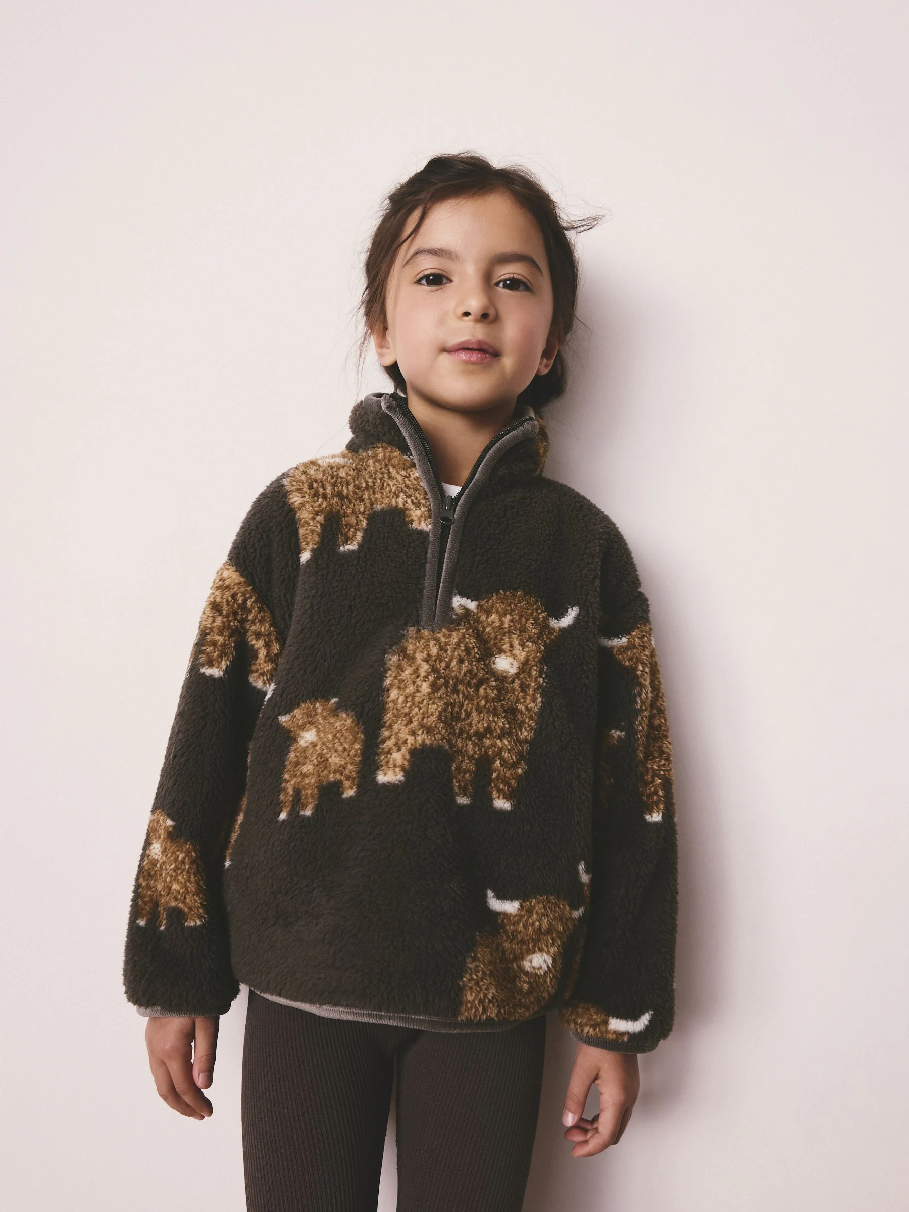 Antraciet - Hamish The Highland Cow Matching Family Borg Zip Neck Fleece (3-16yrs)