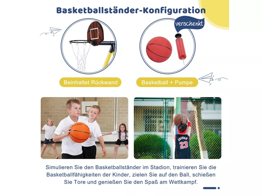Jeux plein air 4 en 1, avec 2 balançoire, basket-ball, panier de basket-ball et toboggan, 3 à 8 ans, 311x183x213cm