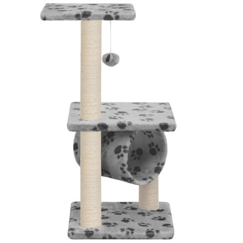 Arranhador para gatos com postes de sisal e estampa de patas cinza.