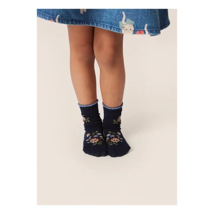 Konges Sløjd Lot 2 Paires Chaussettes Coton Bio Fleurs Chats Lapis | Bleu marine