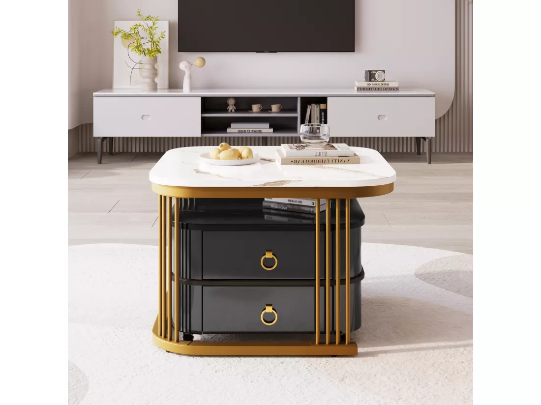 Lot de 2 tables basses gigognes avec 2 tiroirs - plateau en MDF à motif de marbre - Blanc