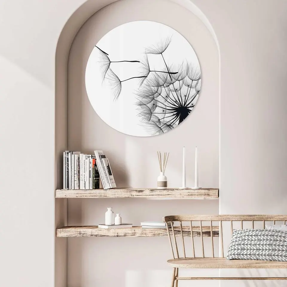 Plexiglasschilderij Paardenbloem - Ø 70cm - Zwart-Wit