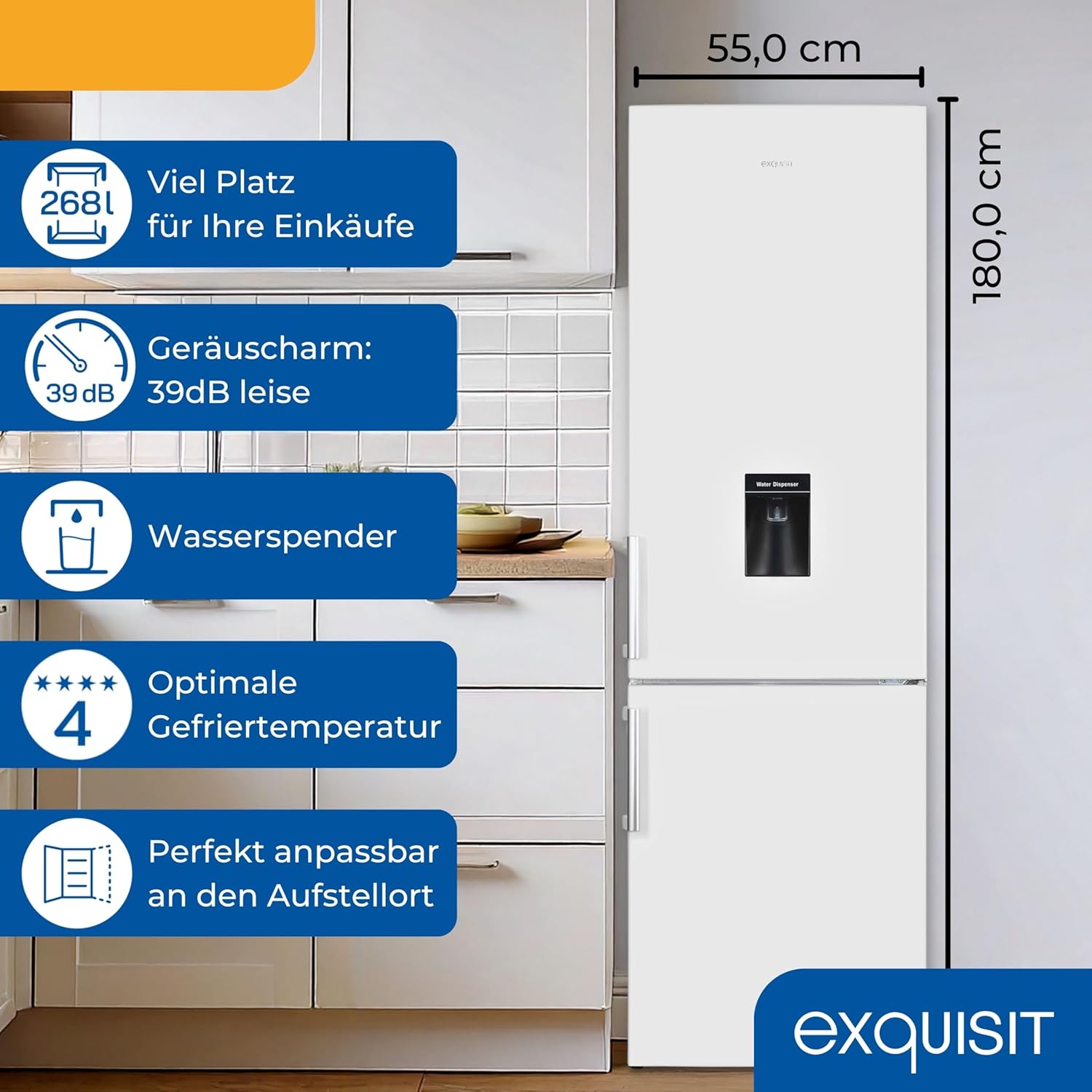 Exquisit Kühl-Gefrierkombination, 180 cm Höhe, Kühlschrank mit Gefrierfach, 268 Liter, Wasserspender, 4-Sterne-Gefrierfach, Temperaturregelung, KGC5265-70-H-WS-010E weiss