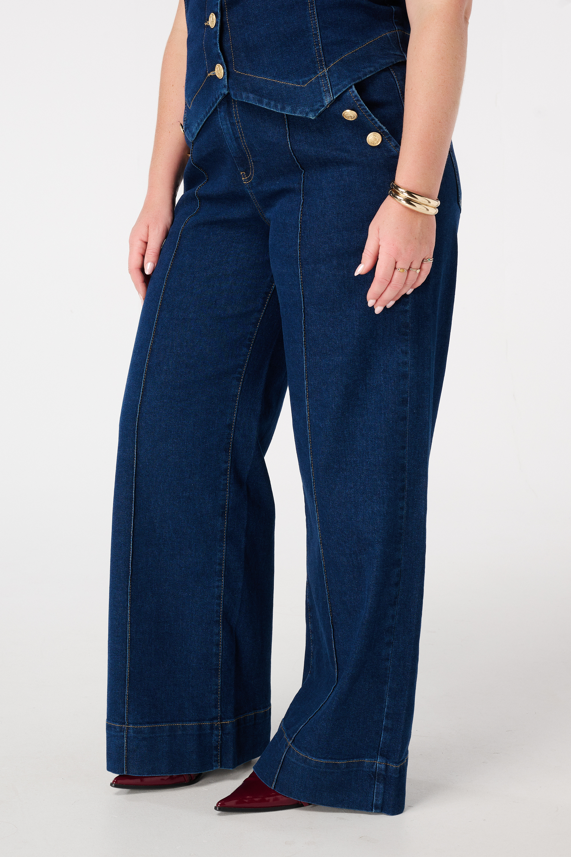 Wide leg jeans met sierknopen Rinse Washed Denim