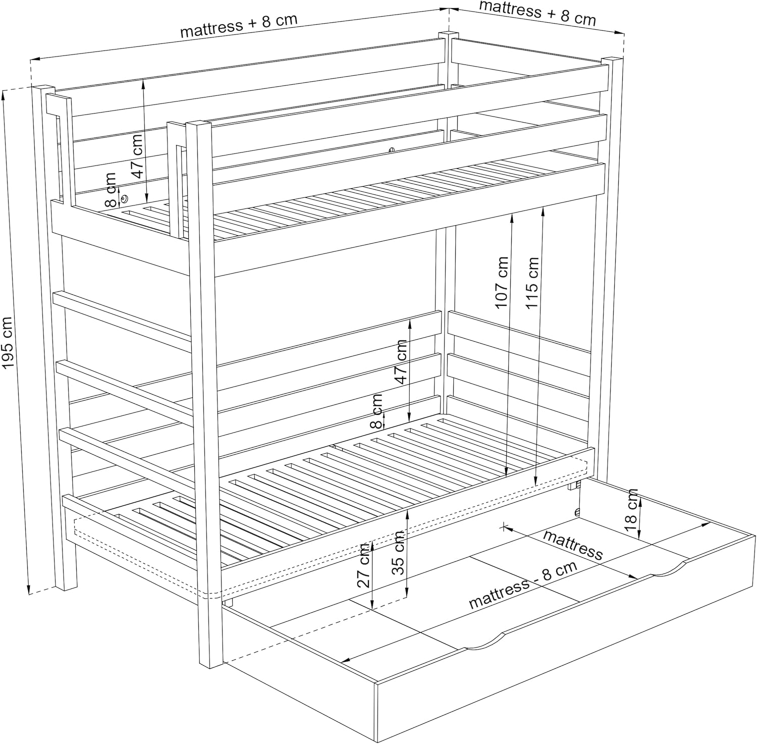 N03 Etagenbett mit Schublade, Kinderbett 90x200 cm, für 2 Kinder, 2 Leitermontageseiten: Links oder rechts, abgerundete Kanten, Massivholzkonstruktion, Hochwertige Materialien, Schwarzeiche