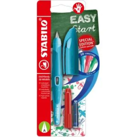 Schulfüller ergonomisch für Rechtshänder mit Anfänger-Feder A - STABILO EASYbirdy 3D Wildlife Special Edition in blau - inklusive Patrone und Einstellwerkzeug