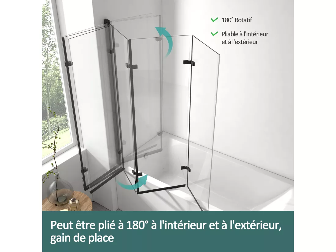 EMKE Pare-baignoire paroi de douche pour baignoire noir mat 3 parties pliable 120x140cm pare-baignoire 6mm NANO GLASS