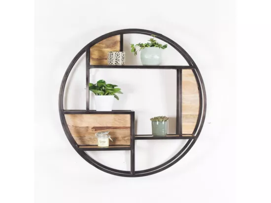 Etagère murale ronde 80 cm en bois de teck et métal noir - TUI
