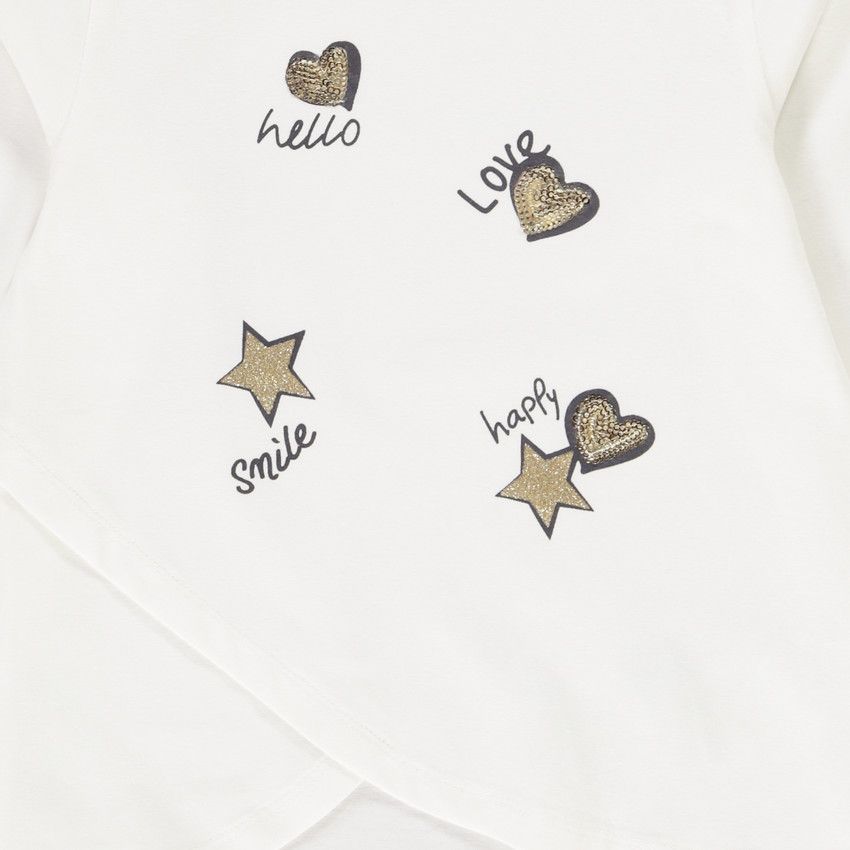 T-shirt croisé à manches longues en jersey avec print et sequins pour fille - Ecru