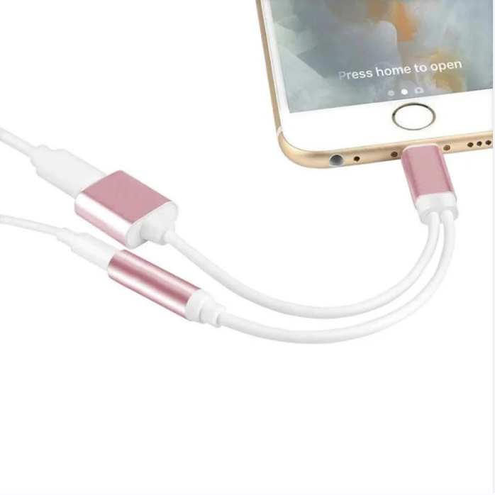 (8cm) 2in1 Lightning auf 3.5mm Klinke   Lightning Audio Musik Kopfhörer Lade Adapter Splitter - Weiss / Roségold